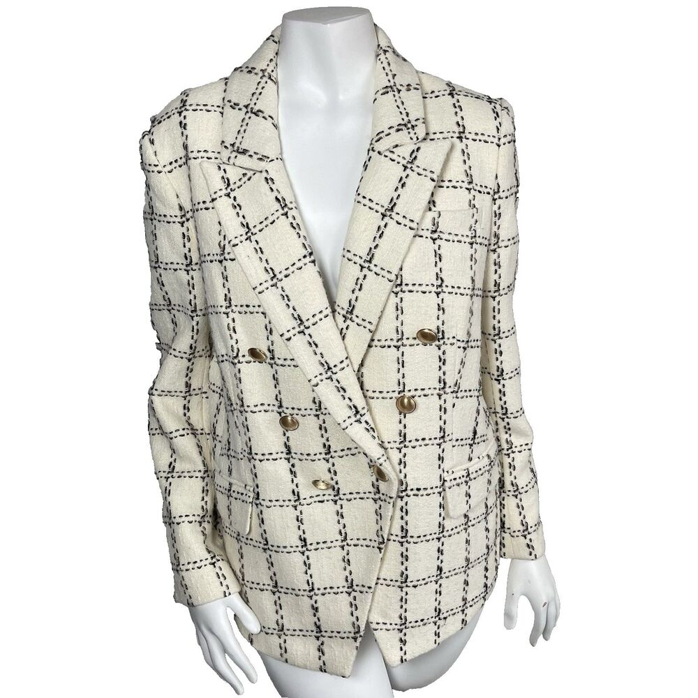 Eli‎ Tahari Plaid Tweed Blazer Jacket Gold Buttons Preppy Career Old Money Sz M